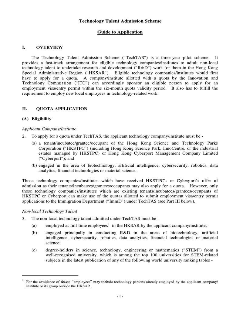 Technology Talent Admission Scheme Guide To Application: Applicant ...