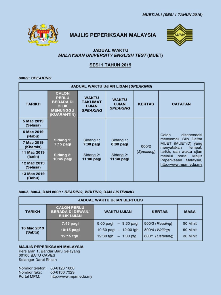 Muet J 4 1 Jadual Waktu Muet Sesi 1 2019 Pdf