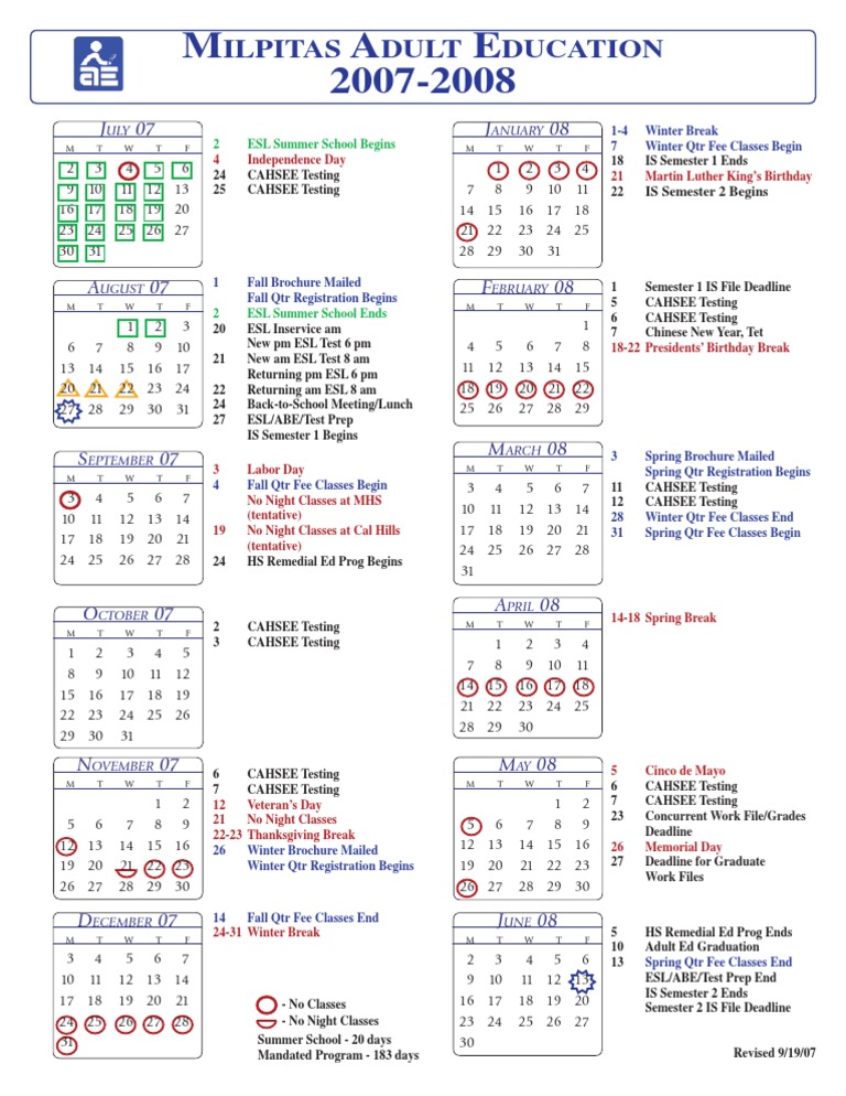Milpitas Adult Ed Calendar 2007-08 | Observances | Educational Institutions