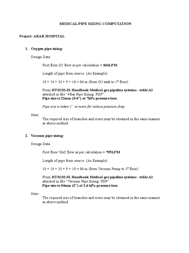 Medical Pipe Sizing Computation:: Pipe Size Is Taken 1" at Main For Reduce  Pressure Drop | PDF | Pipeline Transport | Vacuum