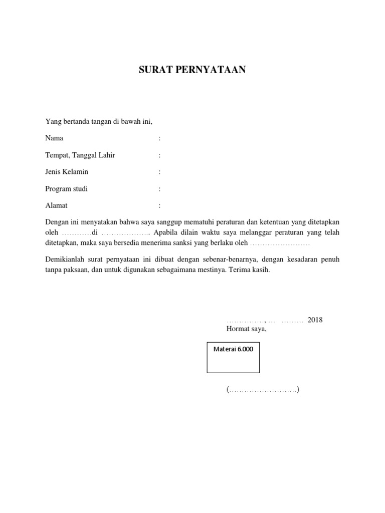 Format Surat Pernyataan Mematuhi Peraturan