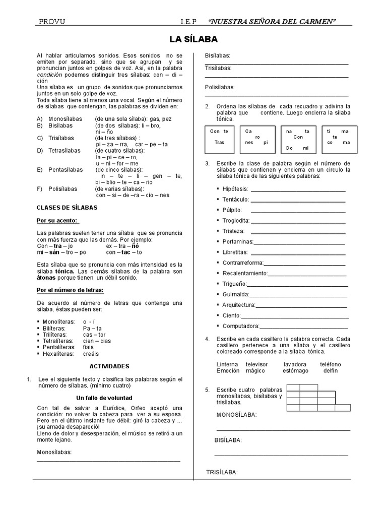 Clasificación y Ejercicios de Sílabas | PDF | Fonética | Voz humana