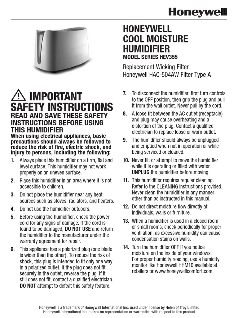 Honeywell Humidifier Manual PDF Dishwasher Home