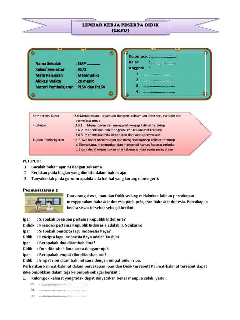 LKPD Kelas VII Materi PLSV Dan PTLSV April | PDF