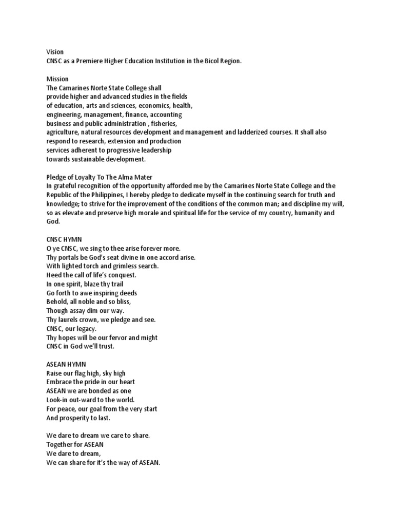 CNSC Vision, Mission, and Hymn | PDF | Social Science | Wellness