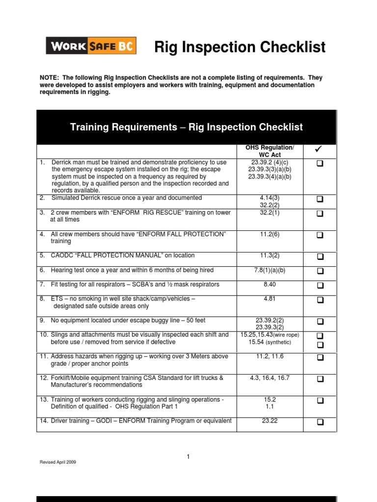Rig Inspection Checklists 1 PDF Pump Drilling Rig