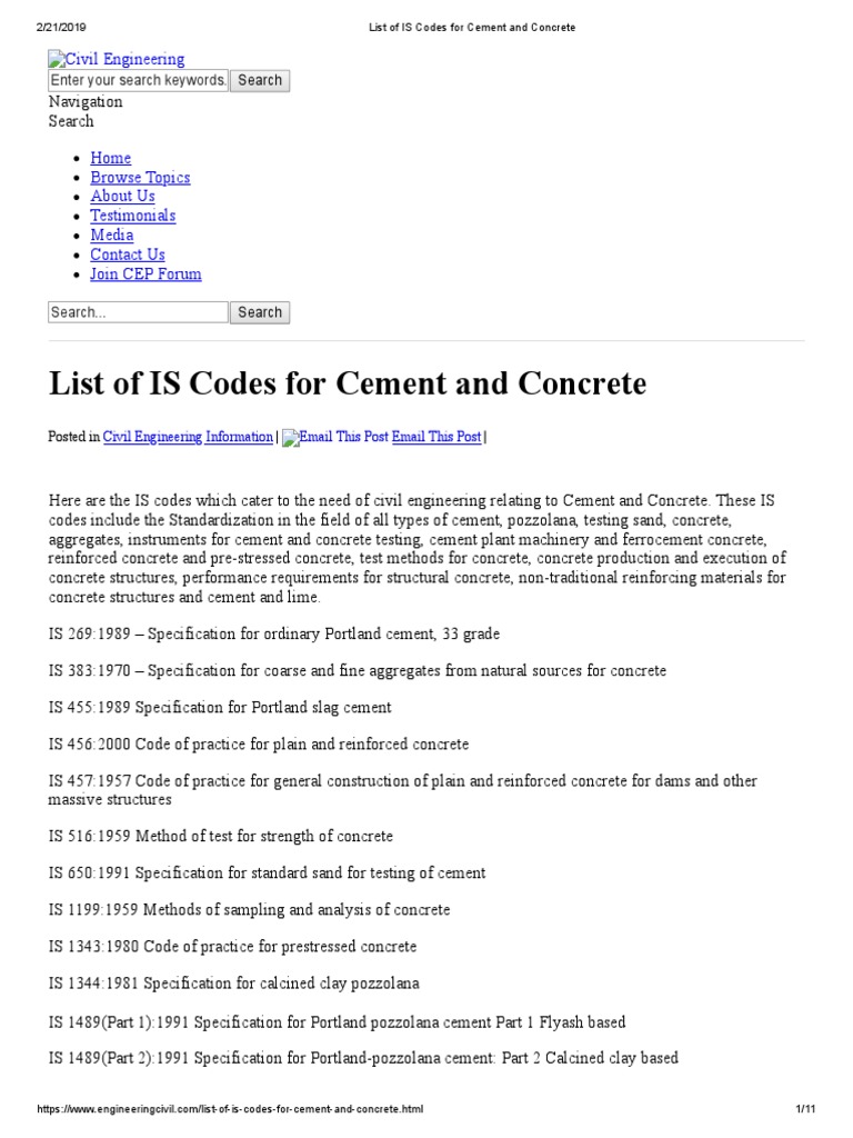 IS Codes for Cement and Concrete | PDF | Concrete | Mortar (Masonry)