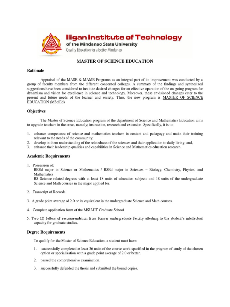 Master of Science Education Program Overview | PDF | Science Education ...