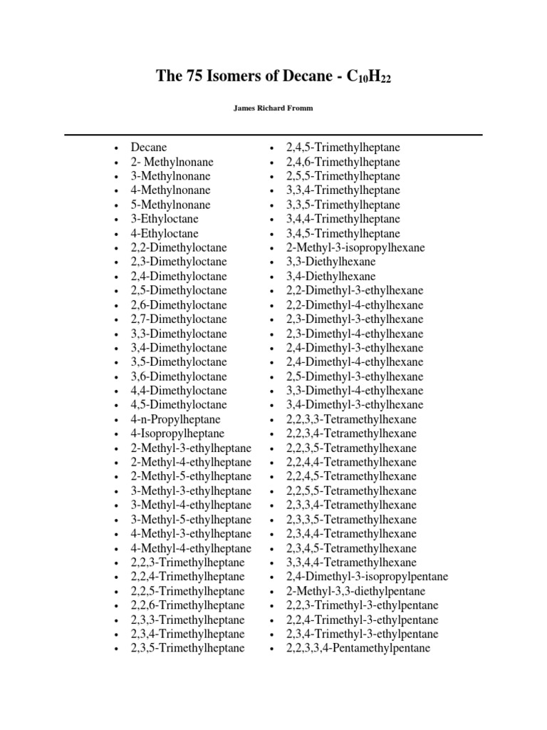 The 75 Isomers Of Decane Hydrocarbons