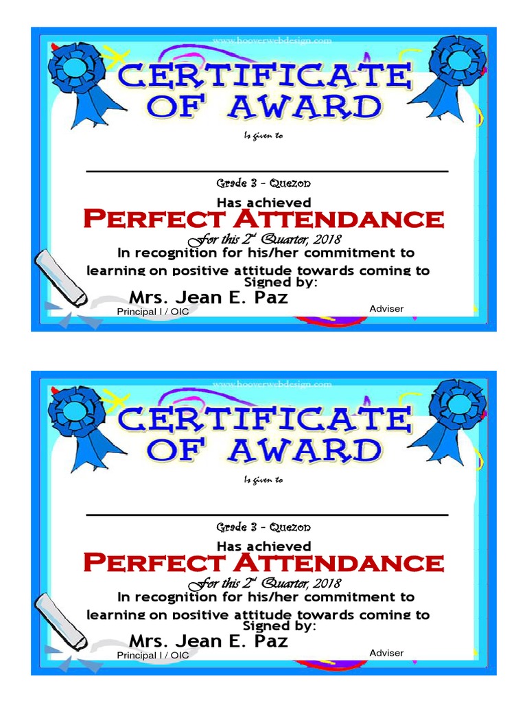 Certificate of Perfect Attendance | PDF | Language Arts \u0026 Discipline |  Wellness, image size:768x1024