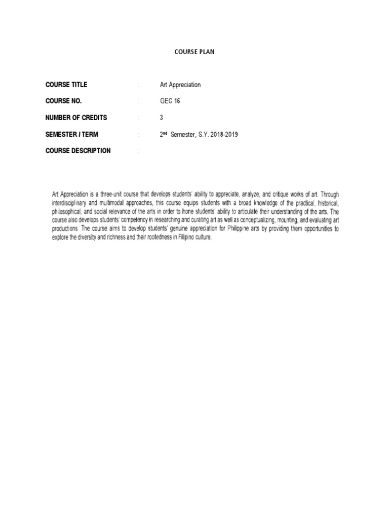 Art Appreciation Course Plan GEC 16 | PDF