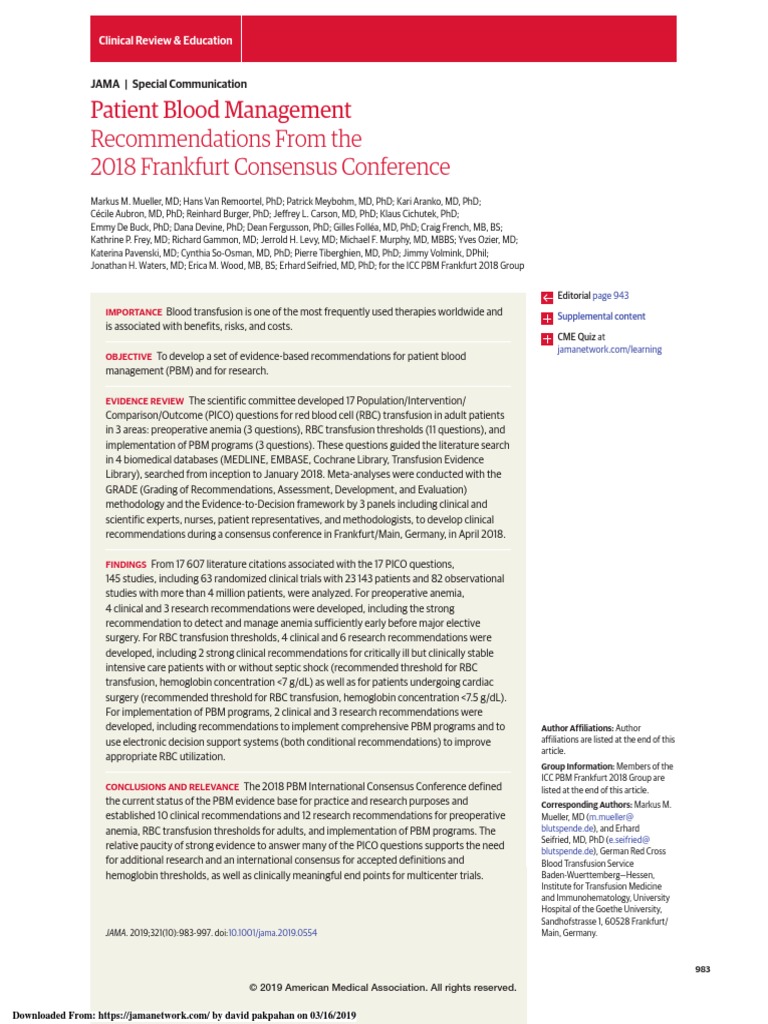 2018 Patient Blood Management Guidelines | PDF | Evidence Based ...