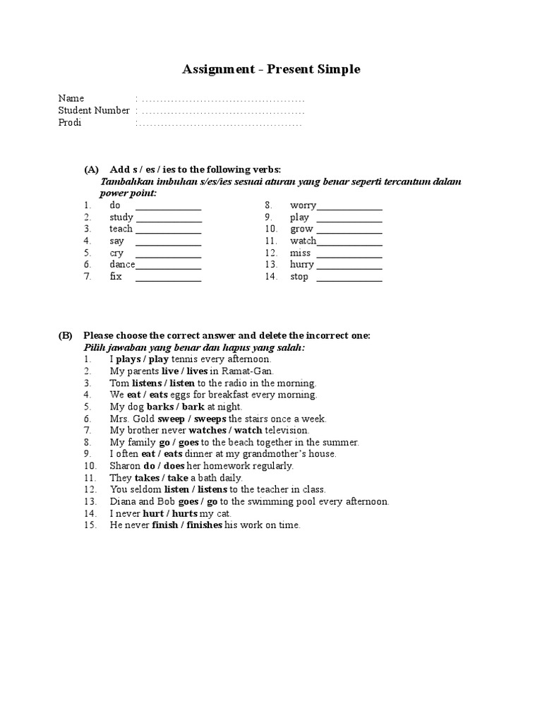 Present Simple Assignment for Students | PDF