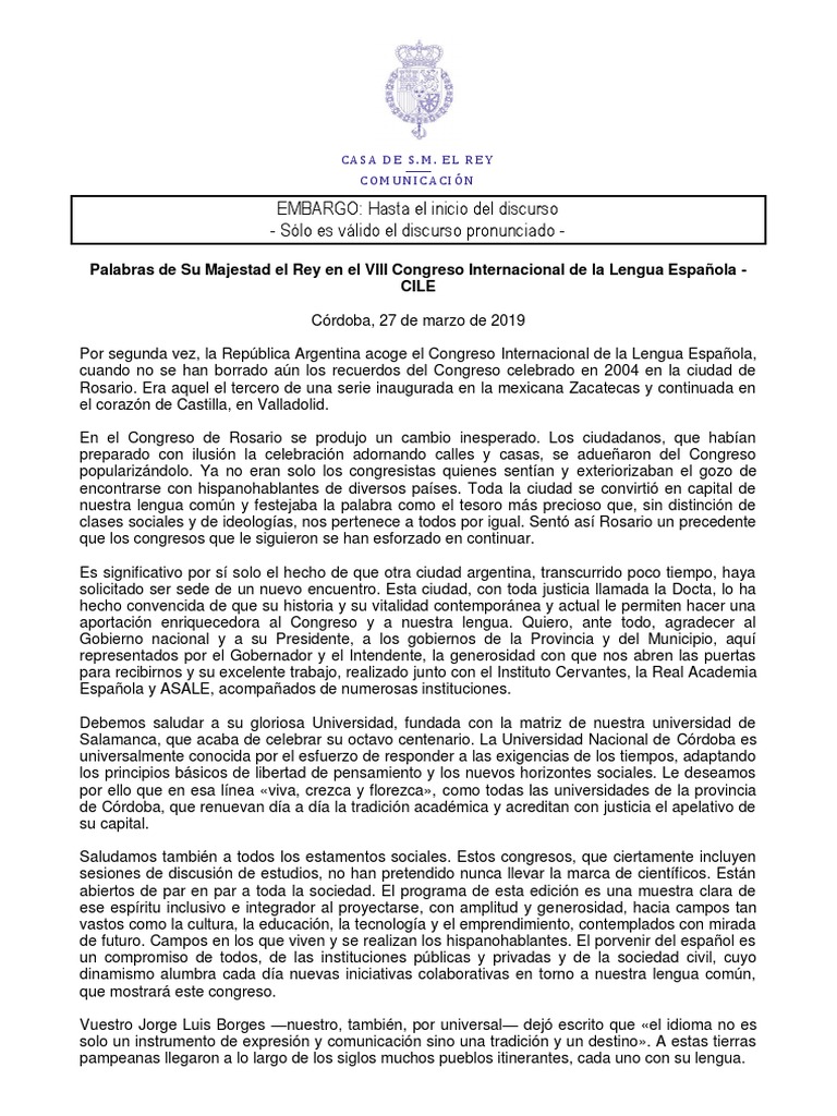 Palabras de Su Majestad El Rey en El VIII Congreso Internacional de La ...