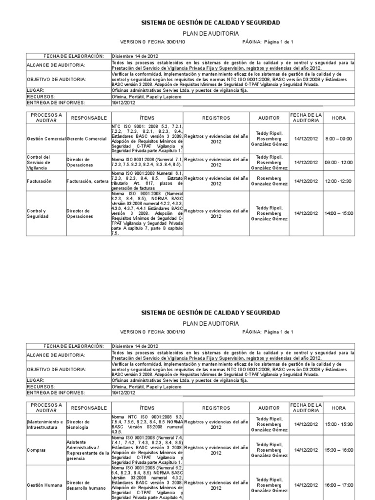 Ejemplo 2 de Plan de Auditoria | Auditoría | Gestión de la calidad