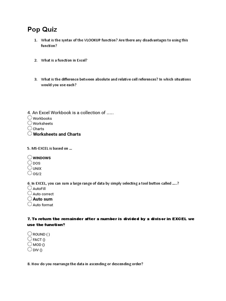 Pop Quiz - SPreadsheet | PDF