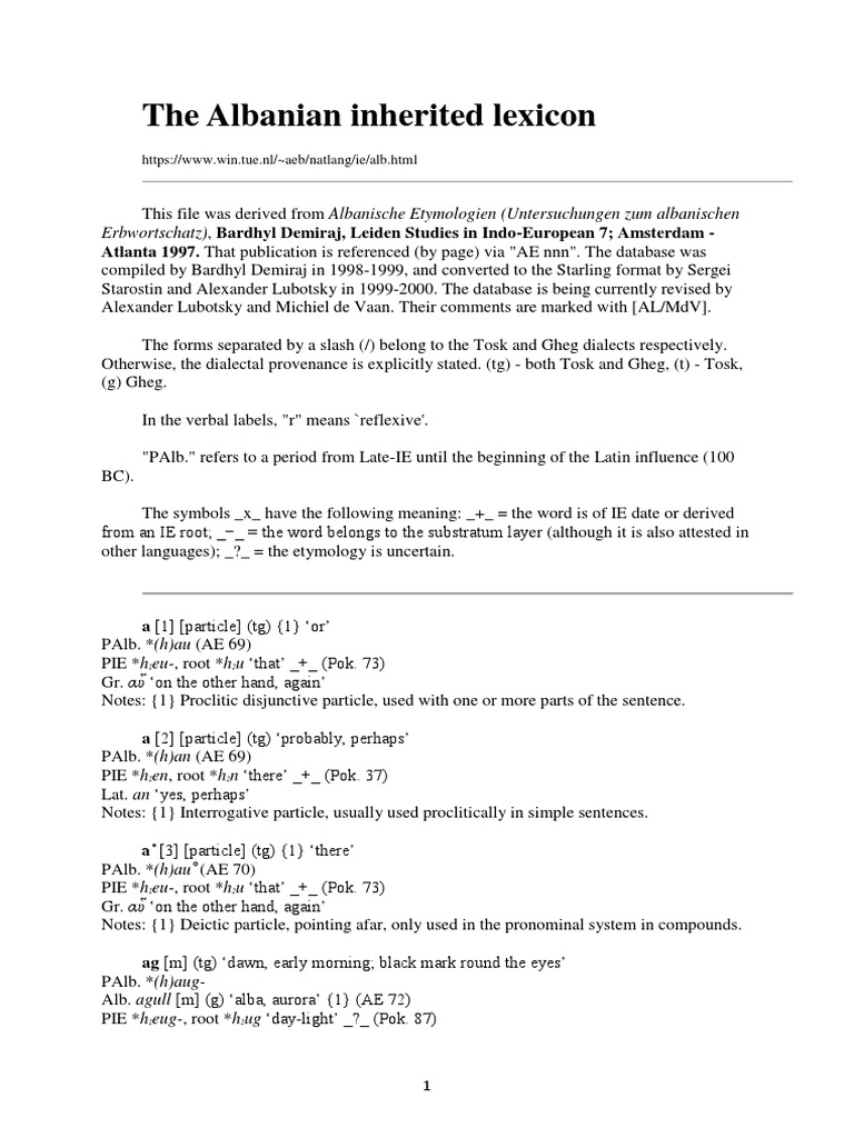 The Albanian Inherited Lexicon Demiraj 1998 9 Revised By Lubotsky De Vaan 1999 00 73p Pdf Pronoun Linguistic Morphology