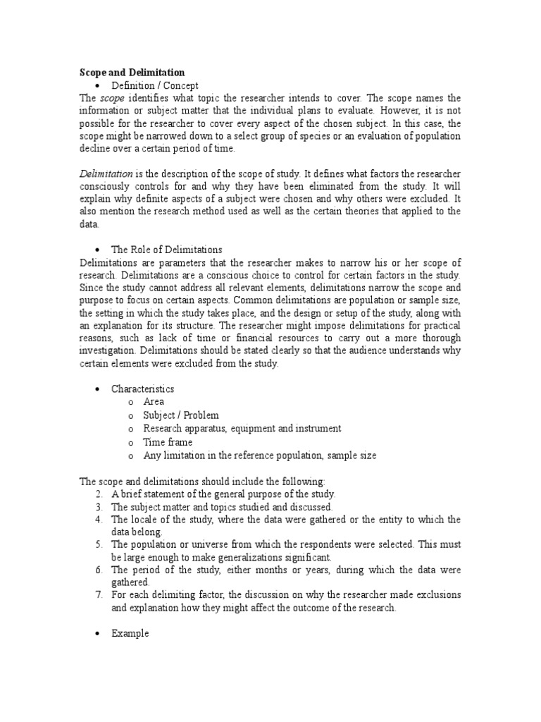 Scope and Delimitation Delimitation Is The Description of The Scope of