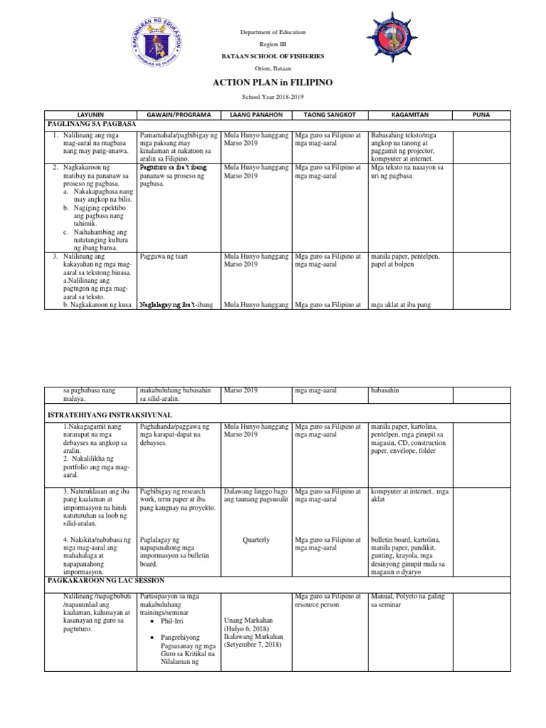 Action Plan Filipino DEpt | PDF