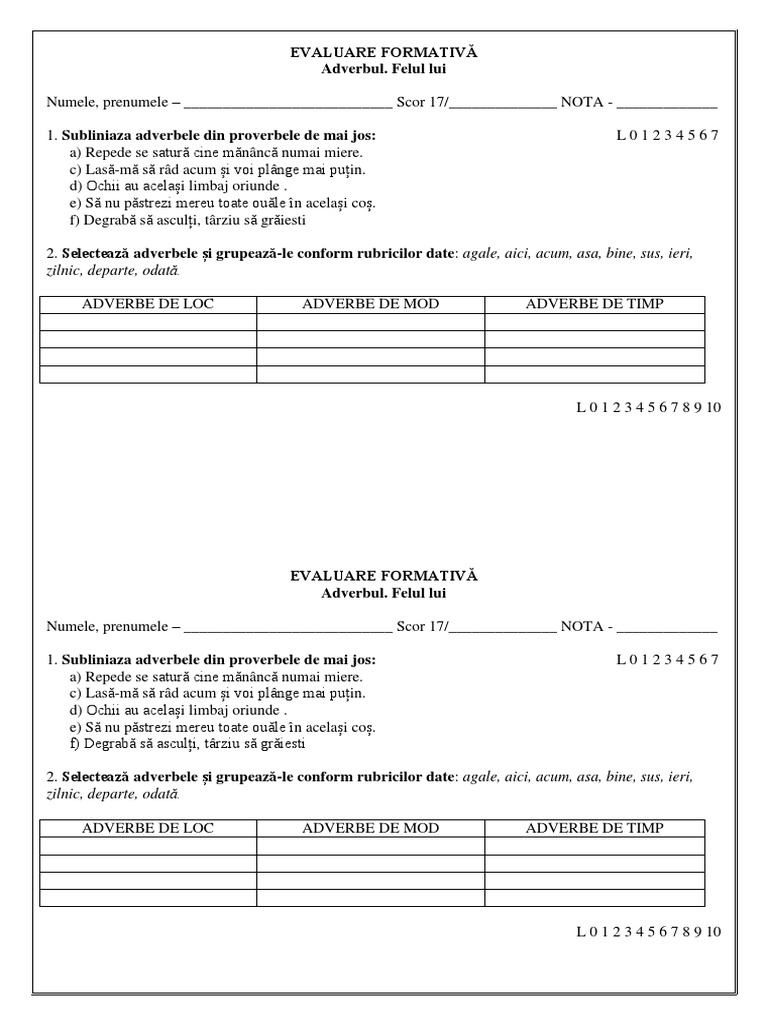 EVALUARE FORMATIVĂ. Adverbul. Felul Lui | PDF