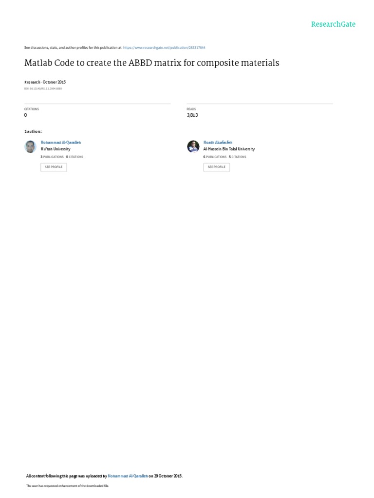 Matlab Code To Create The ABBD Matrix For Composite Materials PDF