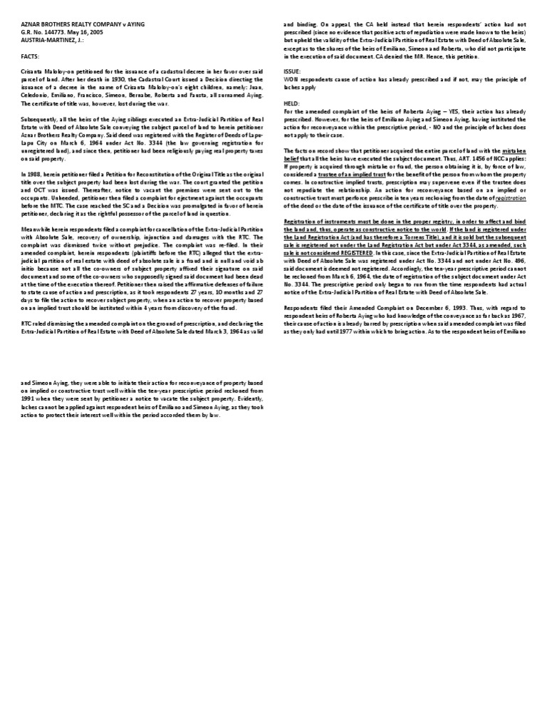 Prescription of Actions and the Principle of Laches in Cases of Implied