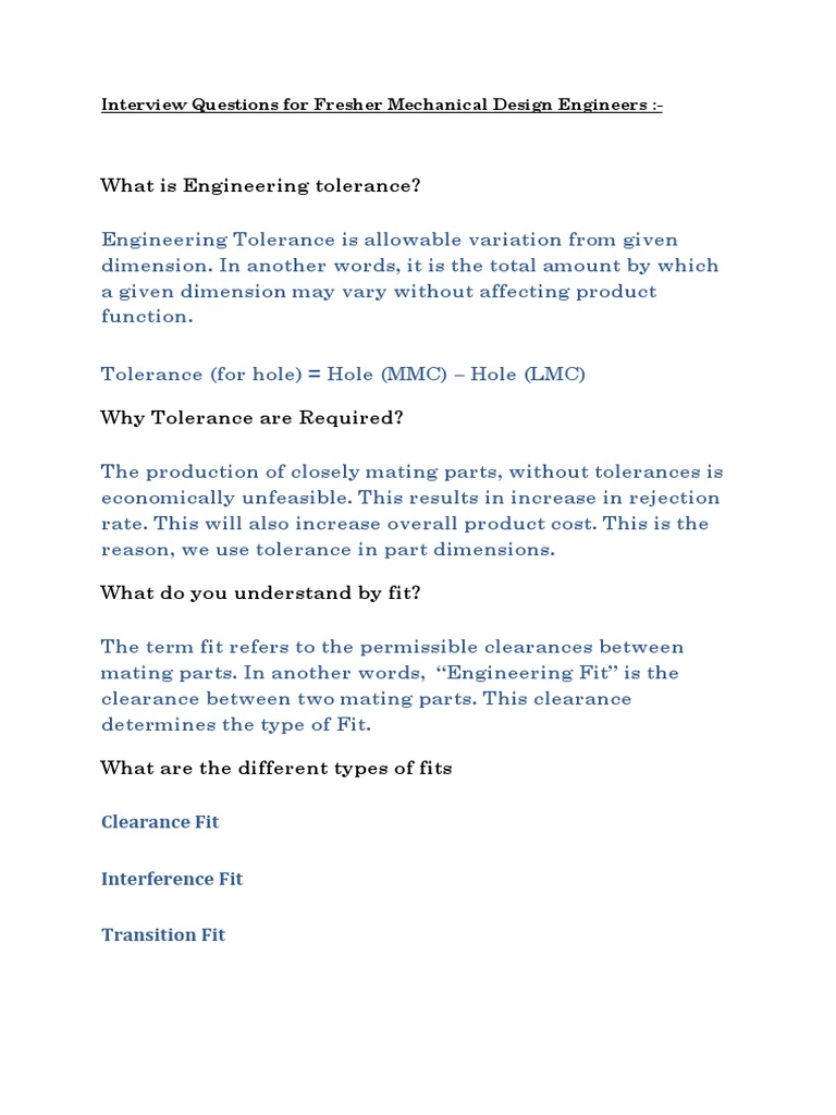 Mechanical Design Interview Questions | PDF | Engineering Tolerance | Screw