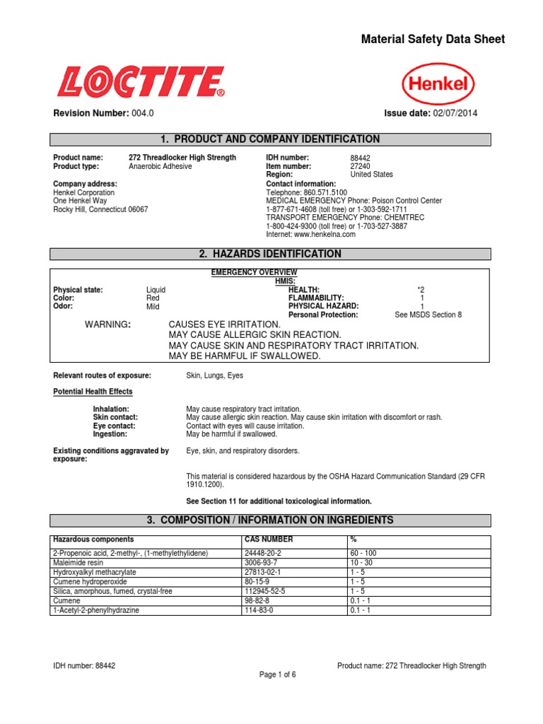 Loctite27250ml27240MSDS Personal Protective Equipment