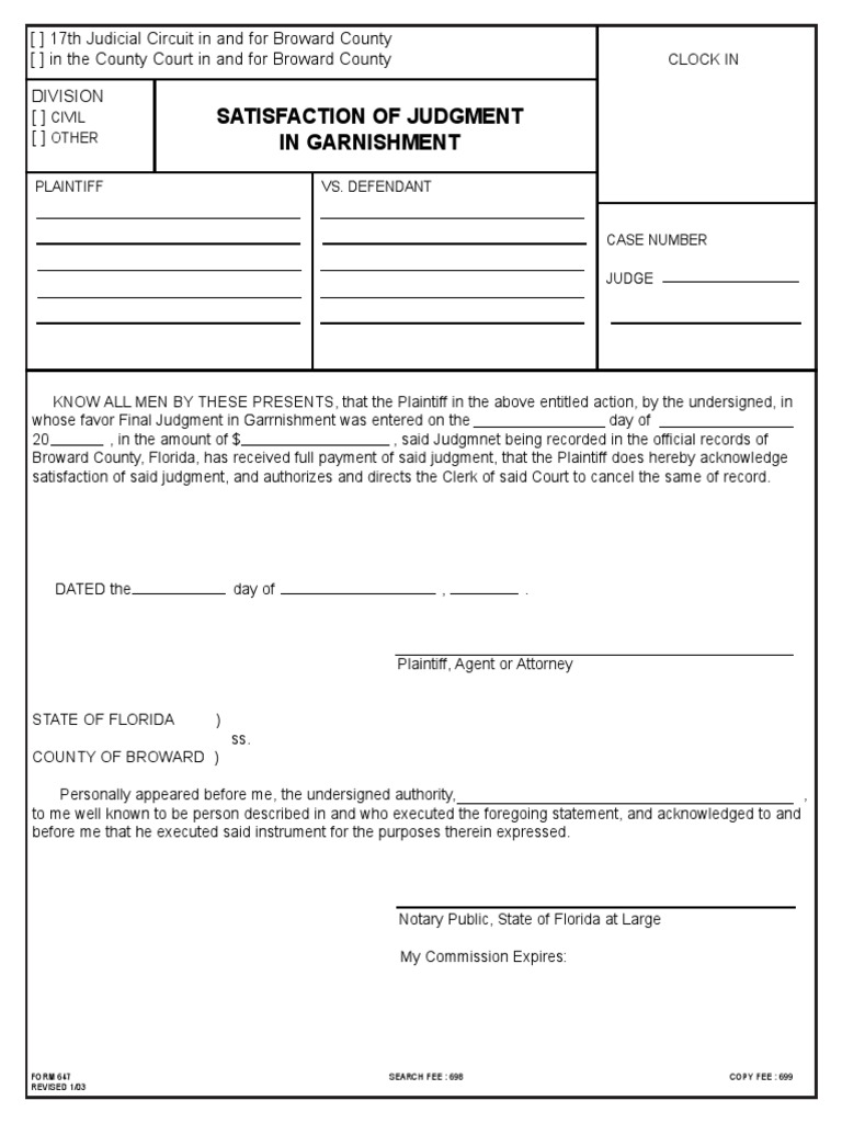 Satisfaction of Judgment in Garnishment PDF