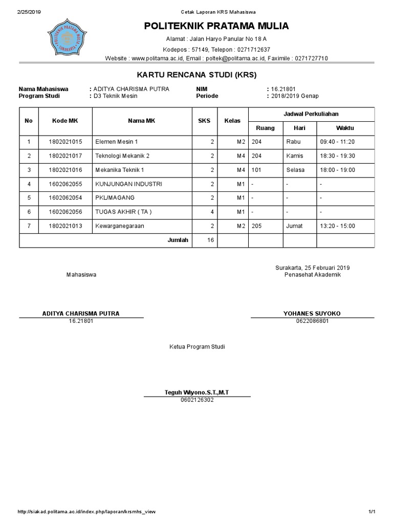 Kartu Rencana Studi Mahasiswa 2019 | PDF