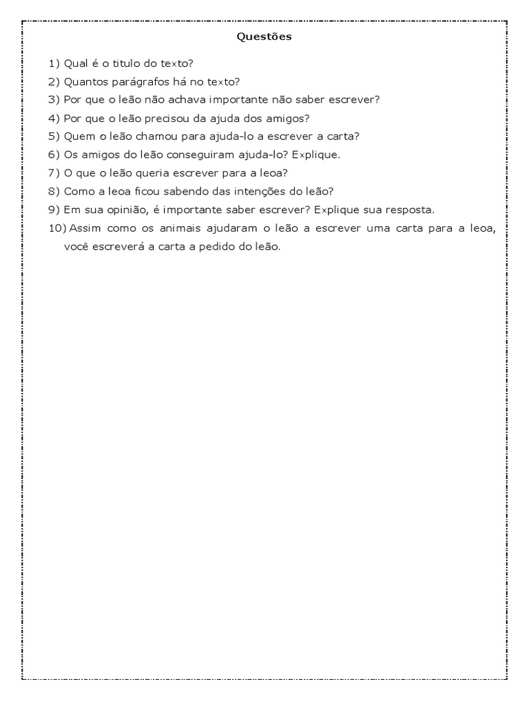 Interpretacao de Texto o Leao Que Nao Sabia Escrever PDF