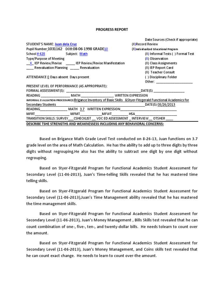 IEP Progress Report for Juan Dela Cruz | PDF | Individualized Education ...
