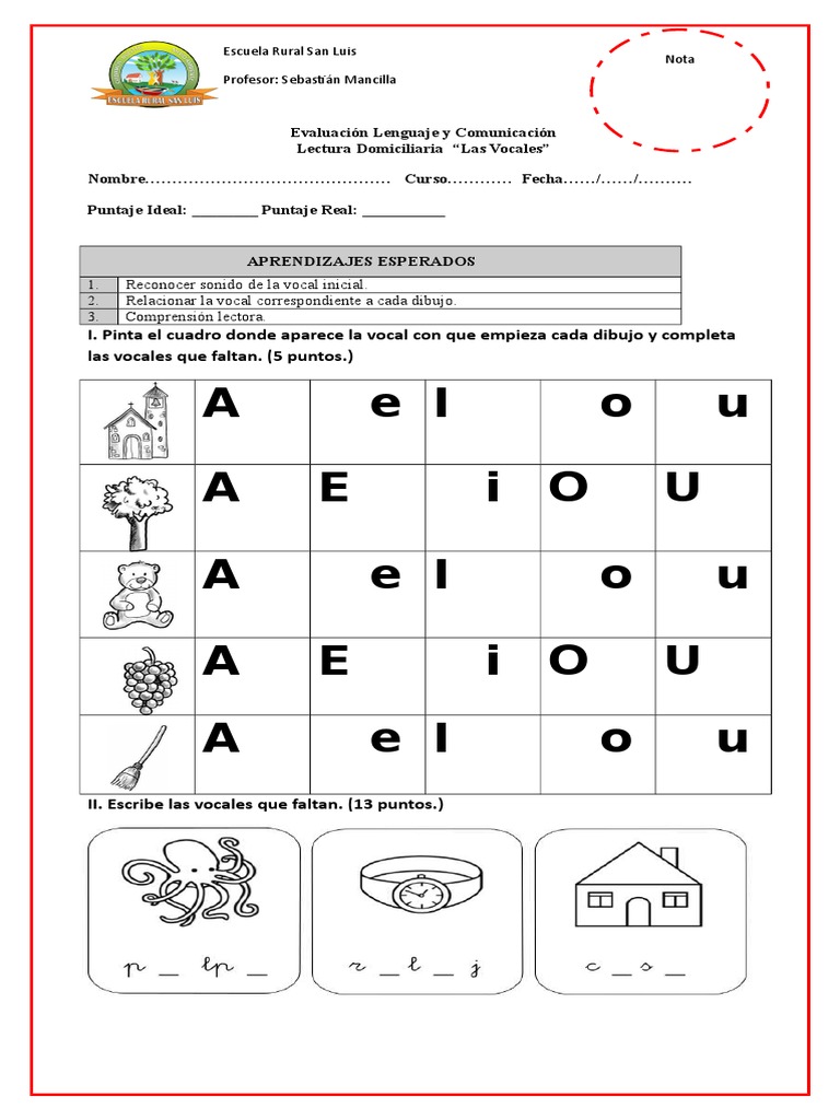 Evaluación de Vocales para Primero Básico | PDF