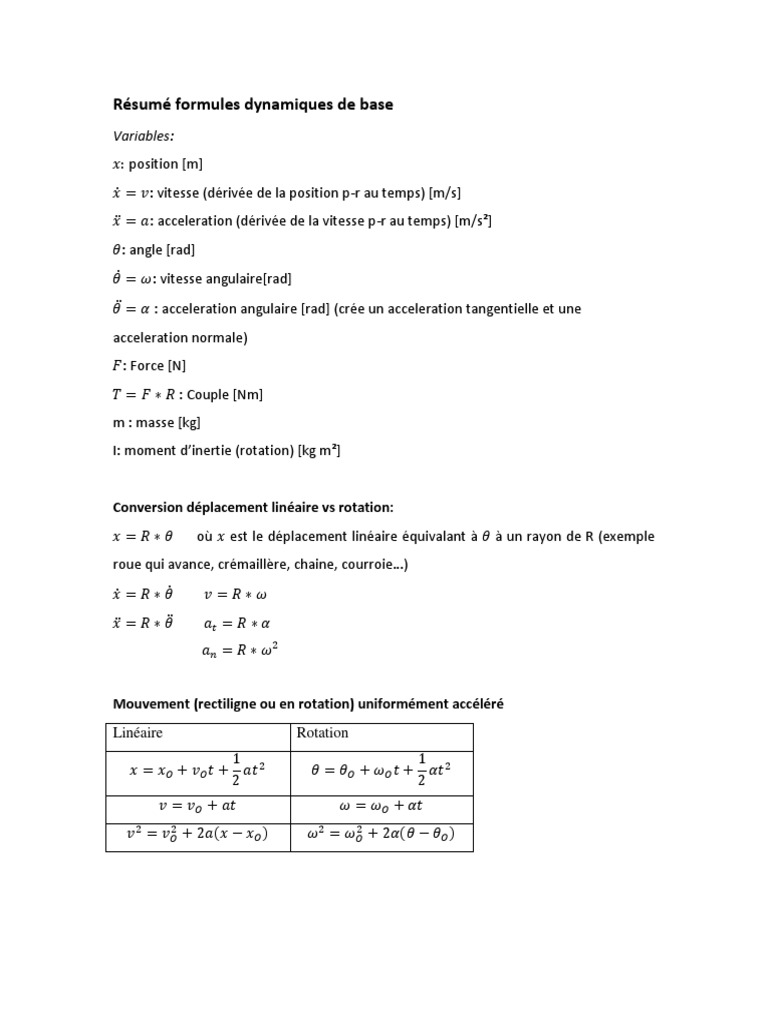Formules de dynamique et cinématique | PDF | Mouvement de rotation ...