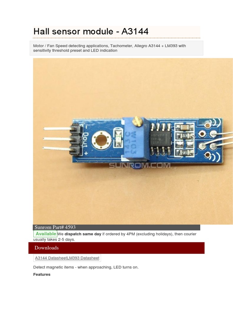 Hall Sensor Module for Detecting Motor/Fan Speed and Items