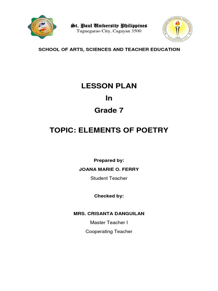 Grade 7 Lesson Plan: Elements of Poetry | PDF | Metre (Poetry) | Poetry