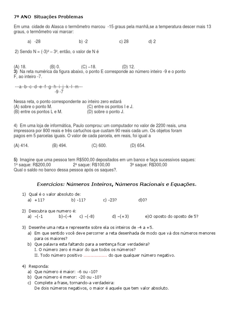 7º ANO Situações Problemas | PDF | Números | Número inteiro