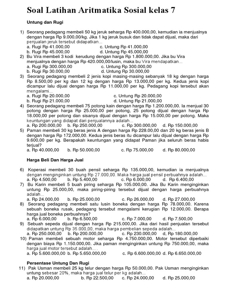 Soal Latihan Aritmatika Sosial Kelas 7 Docx
