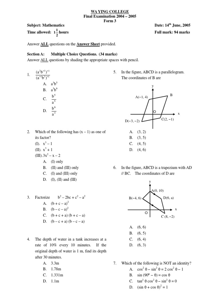 Form 3 Mathematics Exam 2005 | PDF | Euclid | Classical Geometry