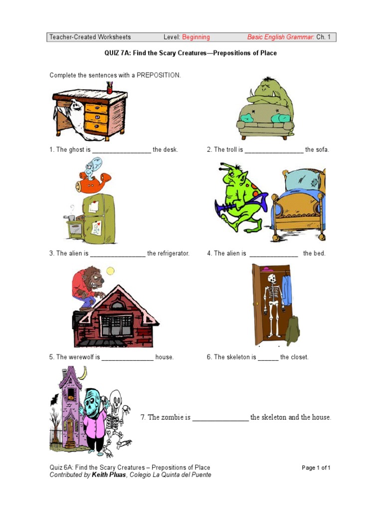 QUIZ 7A: Find The Scary Creatures-Prepositions of Place: Beginning ...