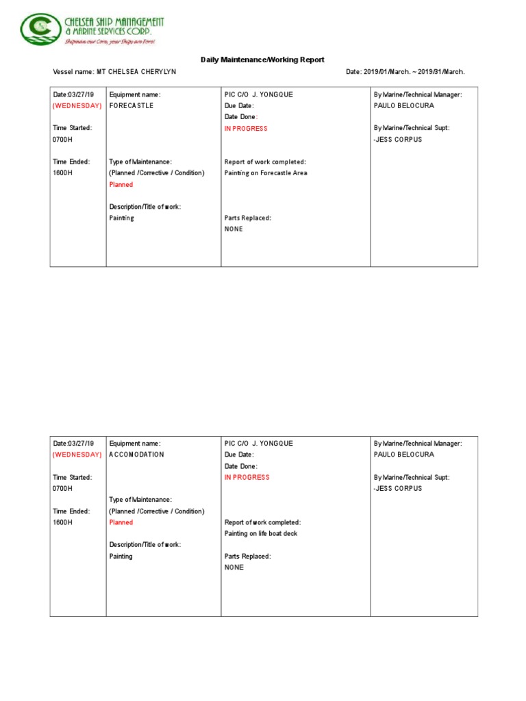 Daily Maintenance Report for MT Chelsea Cherylyn | PDF | Ships | Water ...