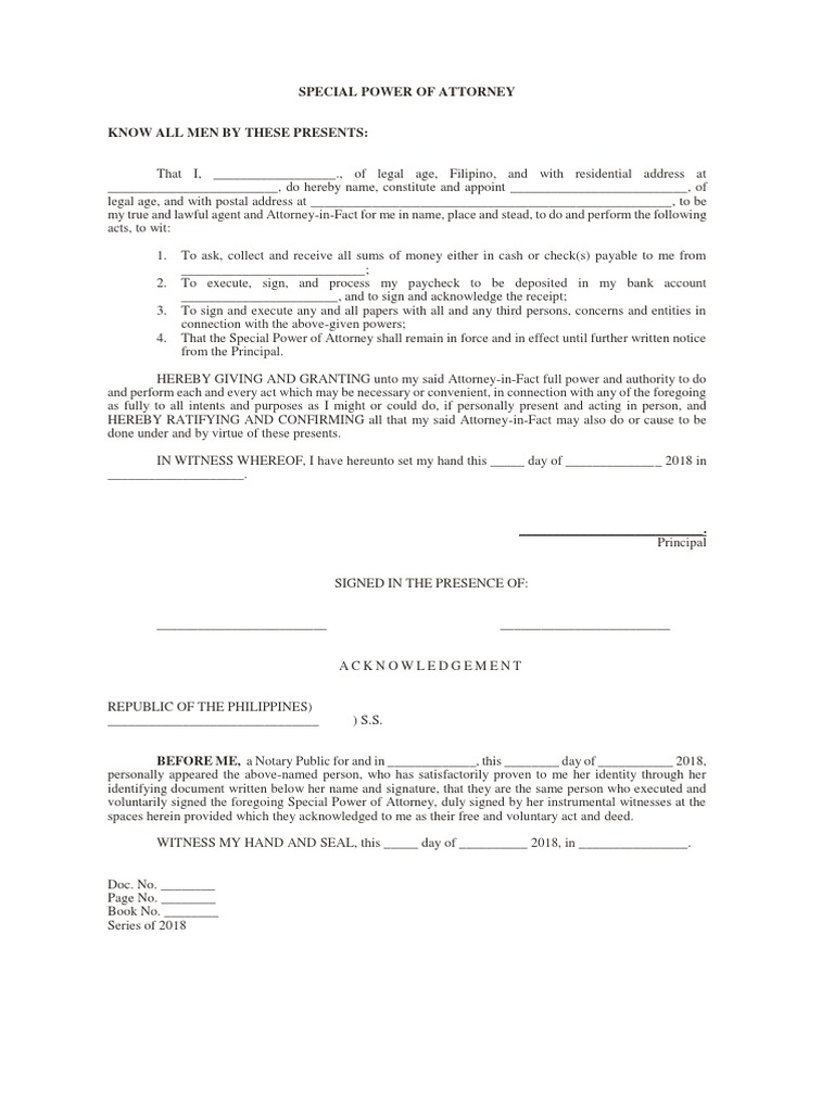 SPECIAL POWER OF ATTORNEY - Form | PDF | Power Of Attorney | Civil Law ...