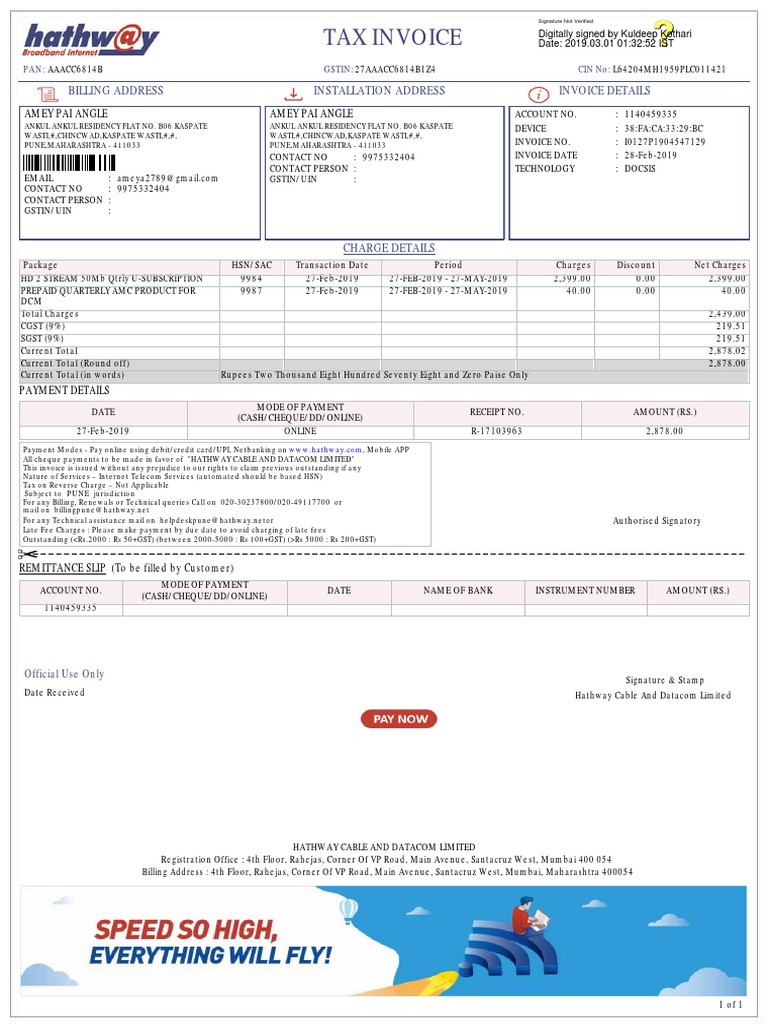 Hathway Bill PDF Invoice Payments