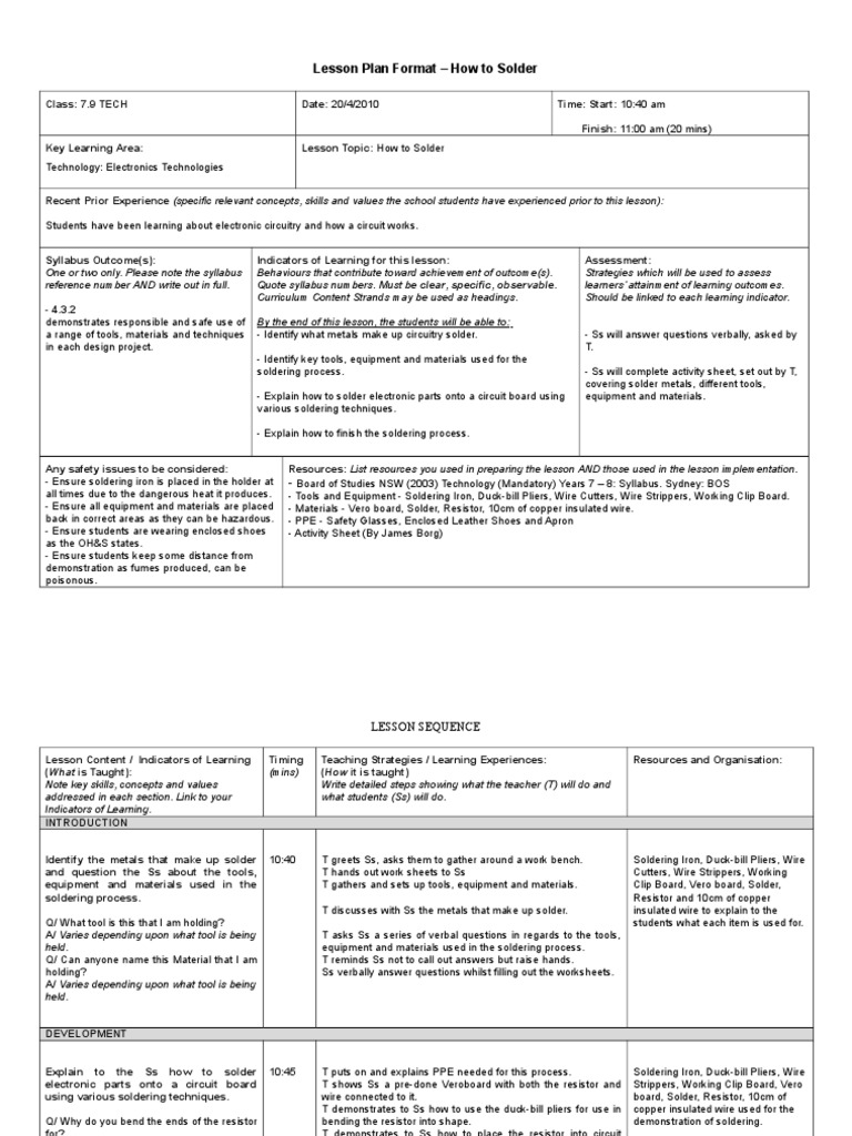 Lesson Plan Soldering Annotations | PDF | Printed Circuit Board | Teachers