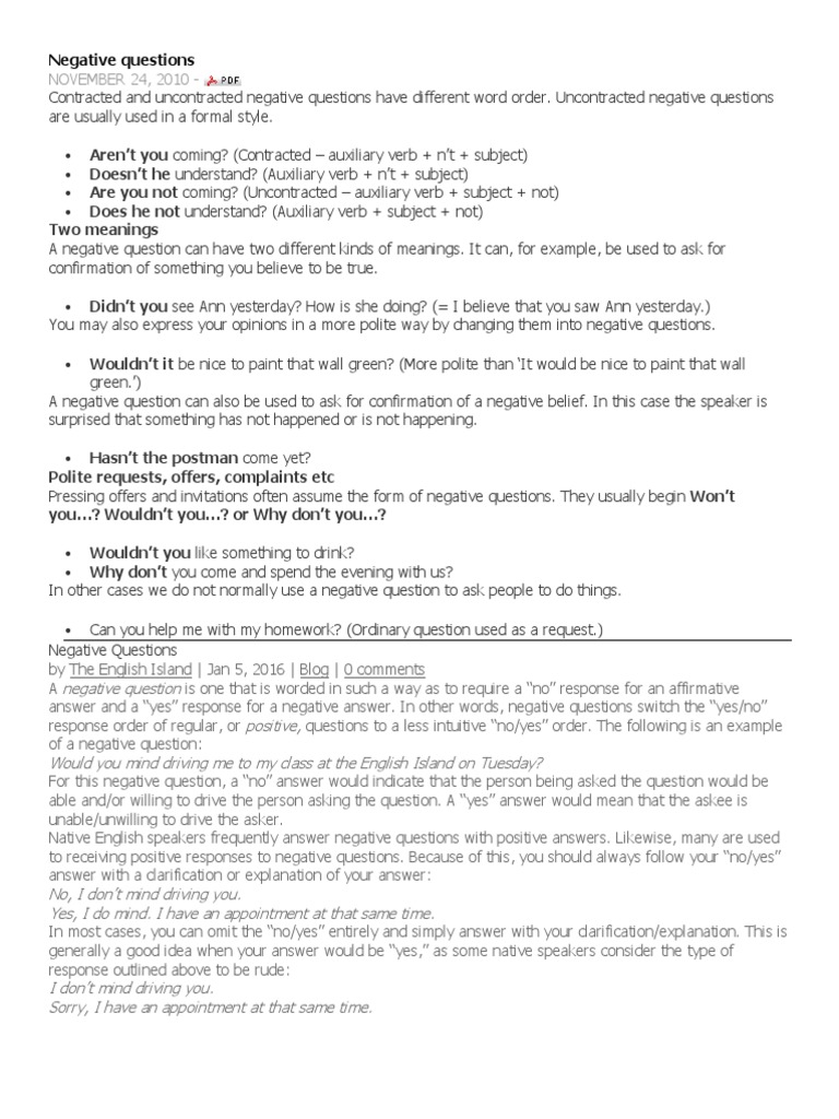 Understanding Negative Questions in English | PDF | Perfect (Grammar ...
