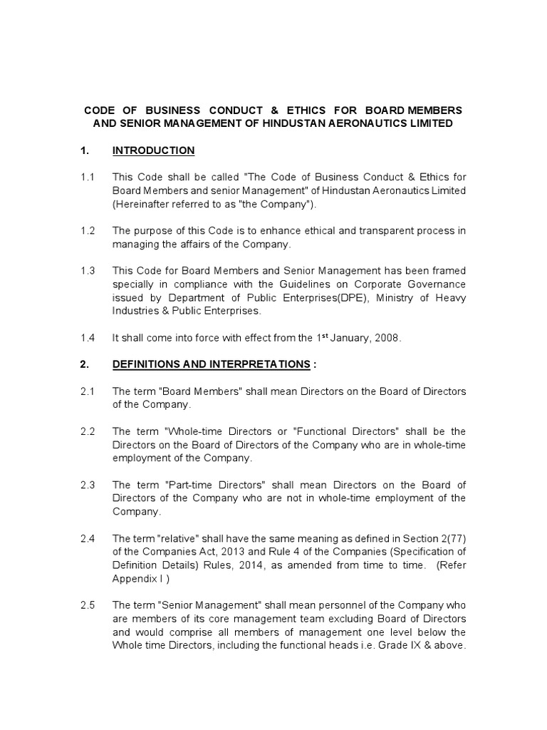 Code of Conduct | PDF | Board Of Directors | Integrity