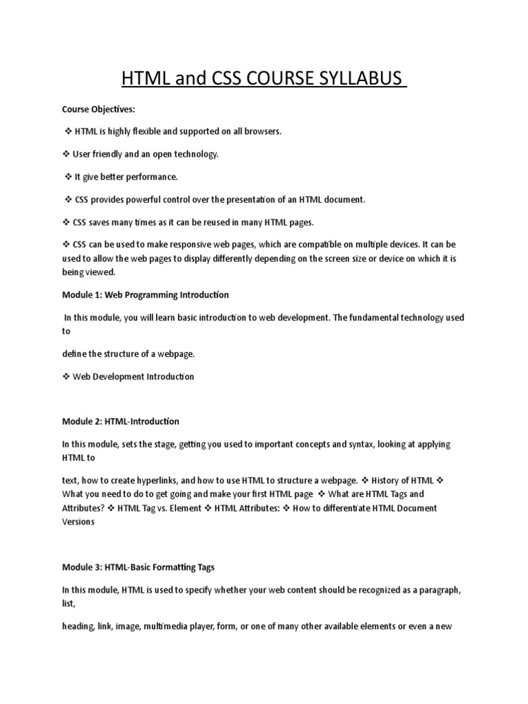 Outline For Web Development Course | PDF | Html Element | Html