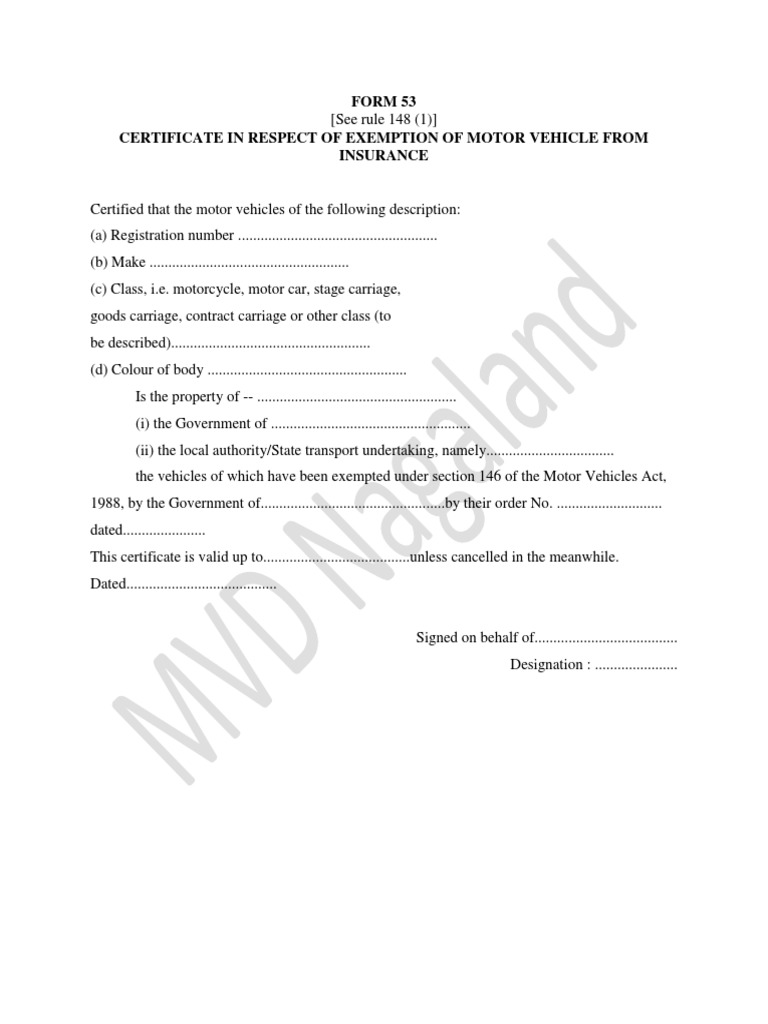 Form 53 Certificate in Respect of Exemption of Motor Vehicle From ...