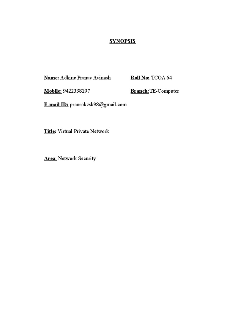 Synopsis: Roll No: TCOA 64 Branch:TE-Computer | PDF | Virtual Private ...