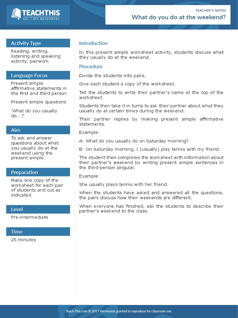 What Do You Do at The Weekend | PDF | Question | English As A Second Or ...